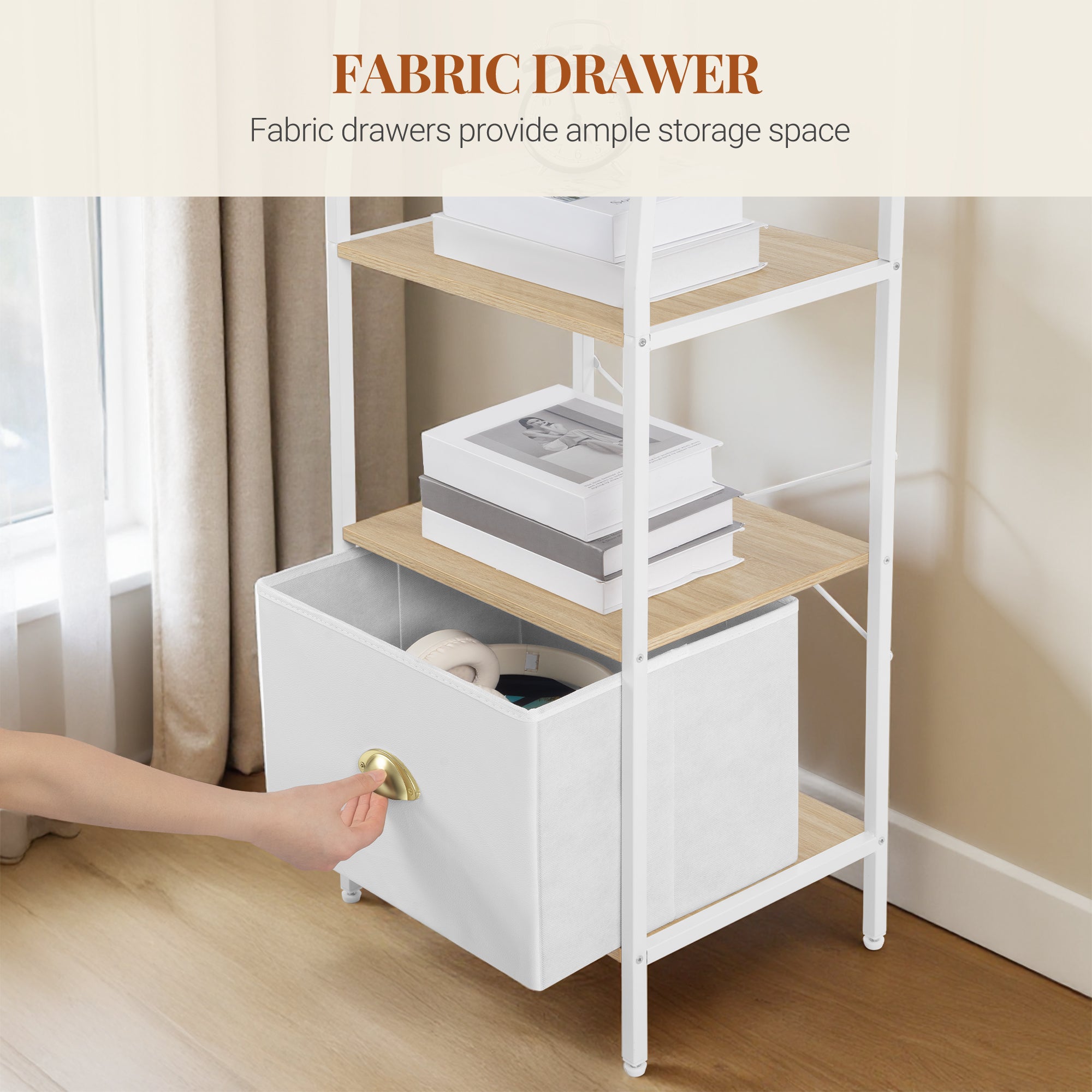 HEXCELEN Bookcase, Slim Shelf with 6 Levels and 2 Folding Fabric Drawers, Ladder Shelf, Standing Shelf, Office Shelf, for Bedroom, Living Room, Office, 30 x 40 x 171.6 cm, White Oak and White, 664116W