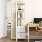HEXCELEN Bookcase, Slim Shelf with 6 Levels and 2 Folding Fabric Drawers, Ladder Shelf, Standing Shelf, Office Shelf, for Bedroom, Living Room, Office, 30 x 40 x 171.6 cm, White Oak and White, 664116W