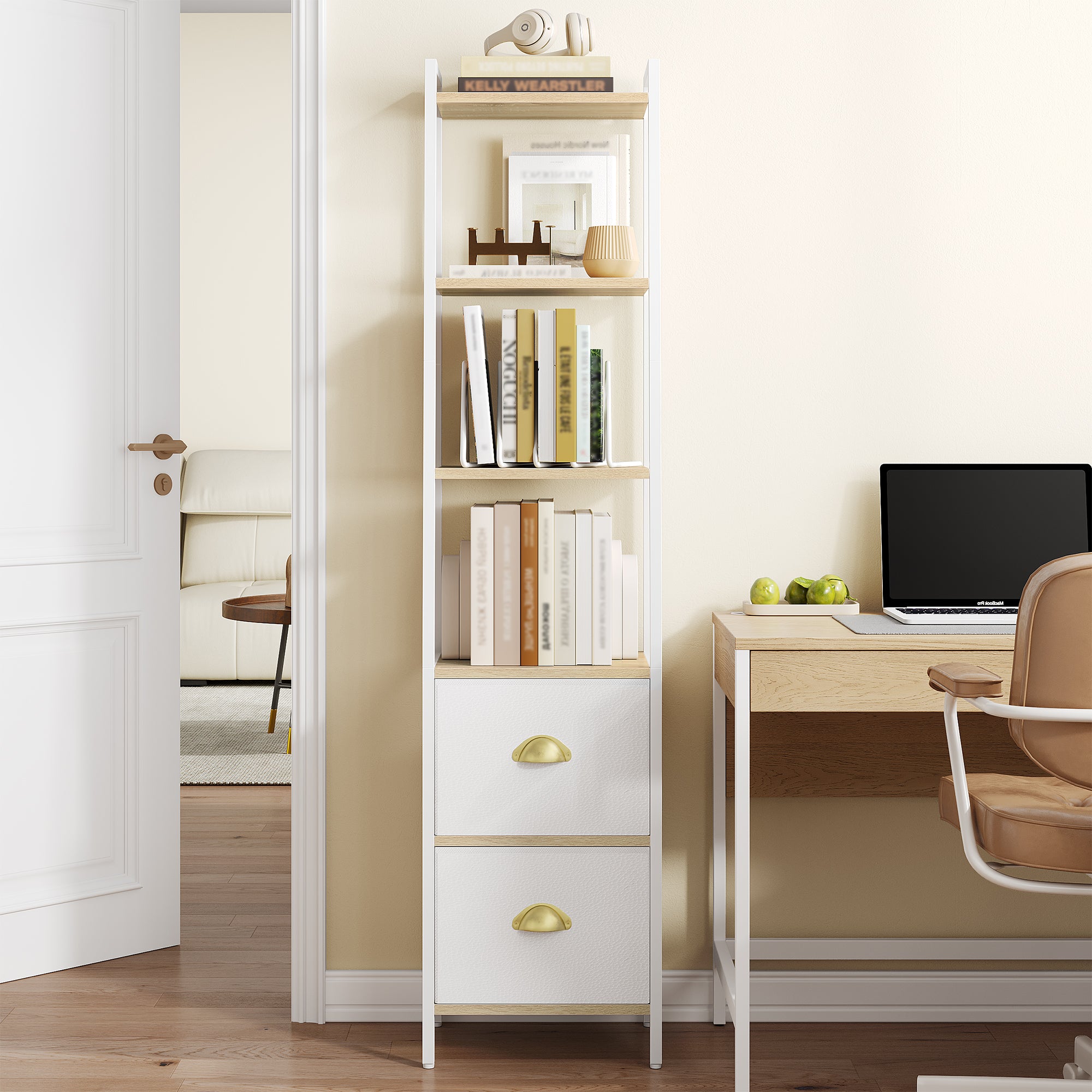 HEXCELEN Bookcase, Slim Shelf with 6 Levels and 2 Folding Fabric Drawers, Ladder Shelf, Standing Shelf, Office Shelf, for Bedroom, Living Room, Office, 30 x 40 x 171.6 cm, White Oak and White, 664116W