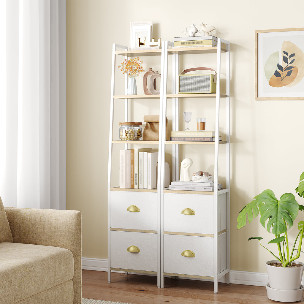 HEXCELEN Bookcase, Slim Shelf with 6 Levels and 2 Folding Fabric Drawers, Ladder Shelf, Standing Shelf, Office Shelf, for Bedroom, Living Room, Office, 30 x 40 x 171.6 cm, White Oak and White, 664116W