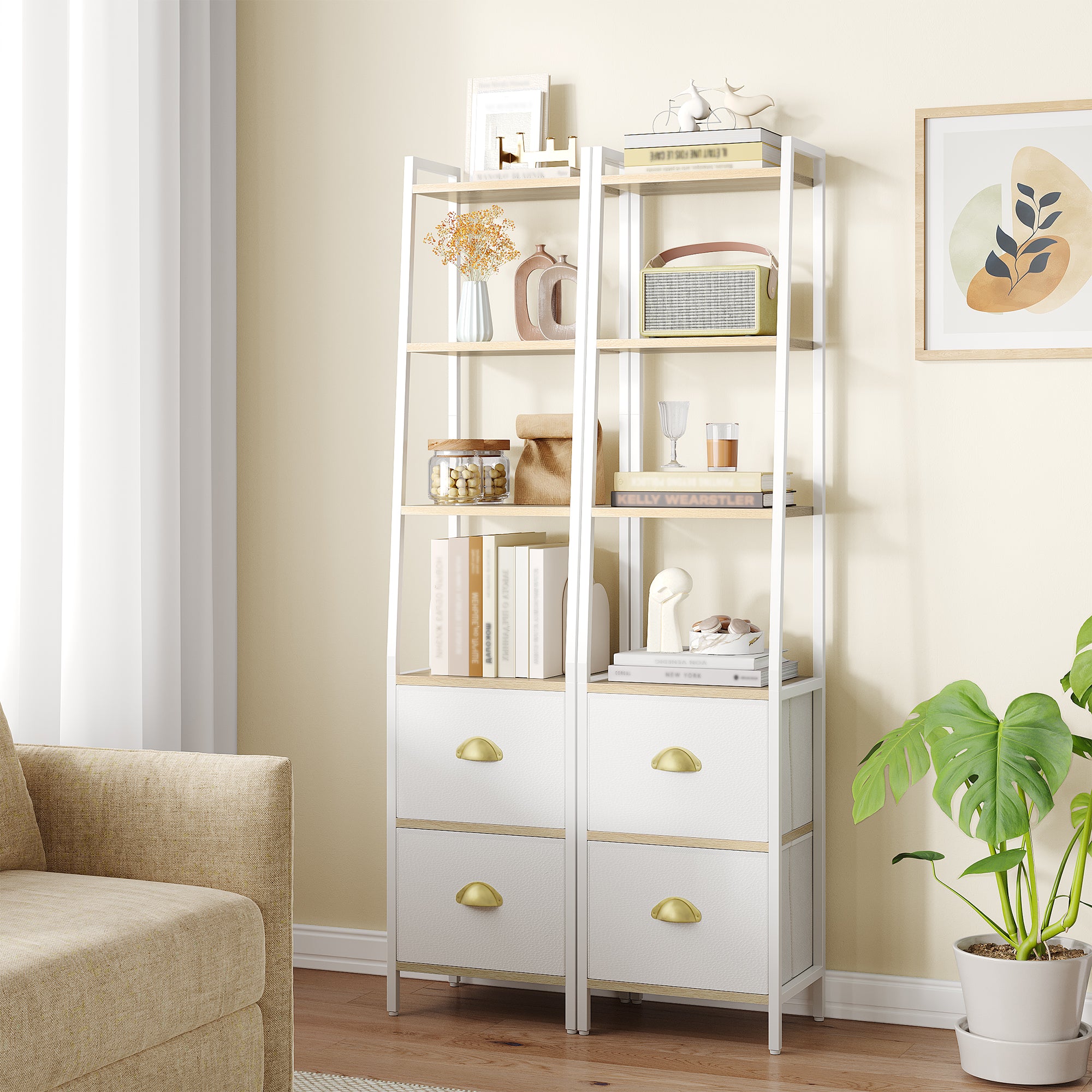 HEXCELEN Bookcase, Slim Shelf with 6 Levels and 2 Folding Fabric Drawers, Ladder Shelf, Standing Shelf, Office Shelf, for Bedroom, Living Room, Office, 30 x 40 x 171.6 cm, White Oak and White, 664116W