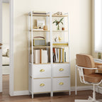 HEXCELEN Bookcase, Slim Shelf with 6 Levels and 2 Folding Fabric Drawers, Ladder Shelf, Standing Shelf, Office Shelf, for Bedroom, Living Room, Office, 30 x 40 x 171.6 cm, White Oak and White, 664116W