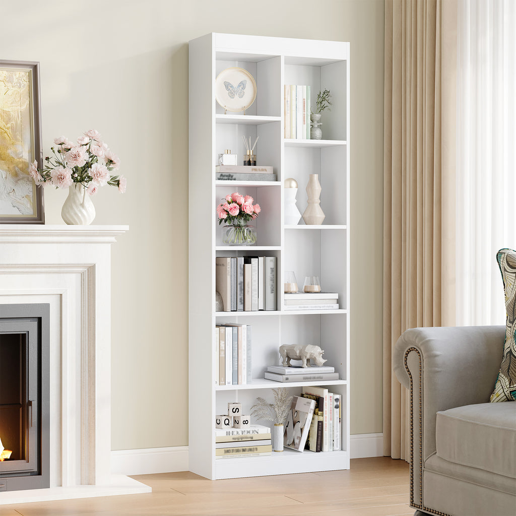 HEXCELEN Bookcase, 6-Tier Bookcase, Standing Shelf with 9 Compartments, Storage Shelf, Adjustable Panels, for Study, Bedroom, Living Room, White, 24 x 60 x 172.5 cm, 666103X