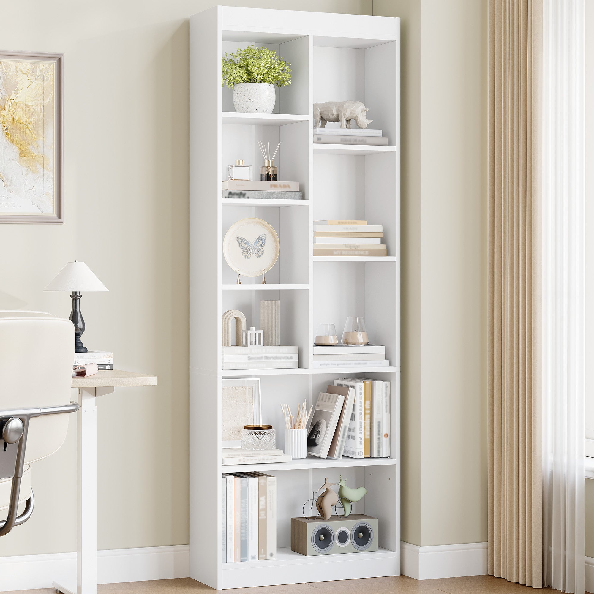 HEXCELEN Bookcase, 6-Tier Bookcase, Standing Shelf with 9 Compartments, Storage Shelf, Adjustable Panels, for Study, Bedroom, Living Room, White, 24 x 60 x 172.5 cm, 666103X