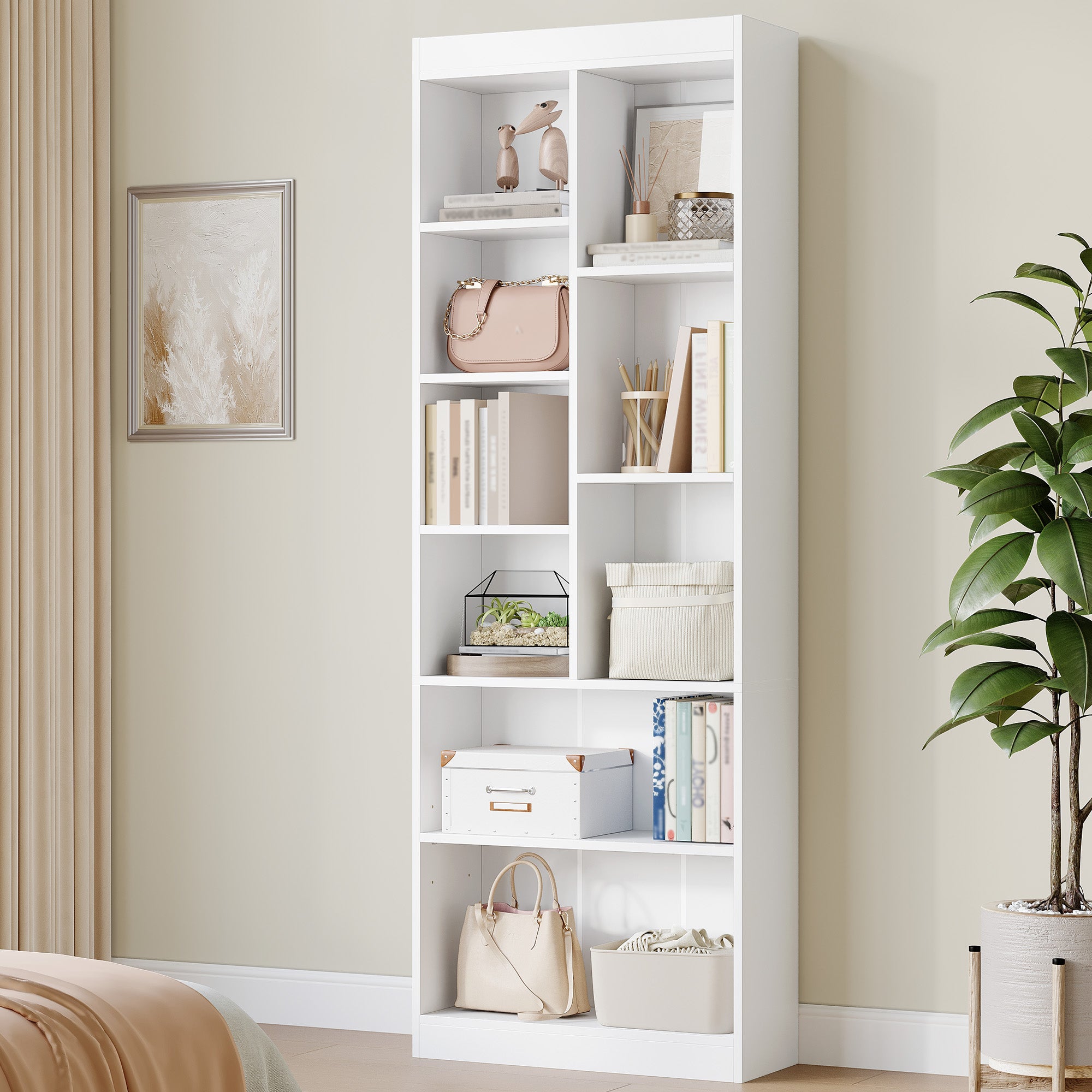HEXCELEN Bookcase, 6-Tier Bookcase, Standing Shelf with 9 Compartments, Storage Shelf, Adjustable Panels, for Study, Bedroom, Living Room, White, 24 x 60 x 172.5 cm, 666103X