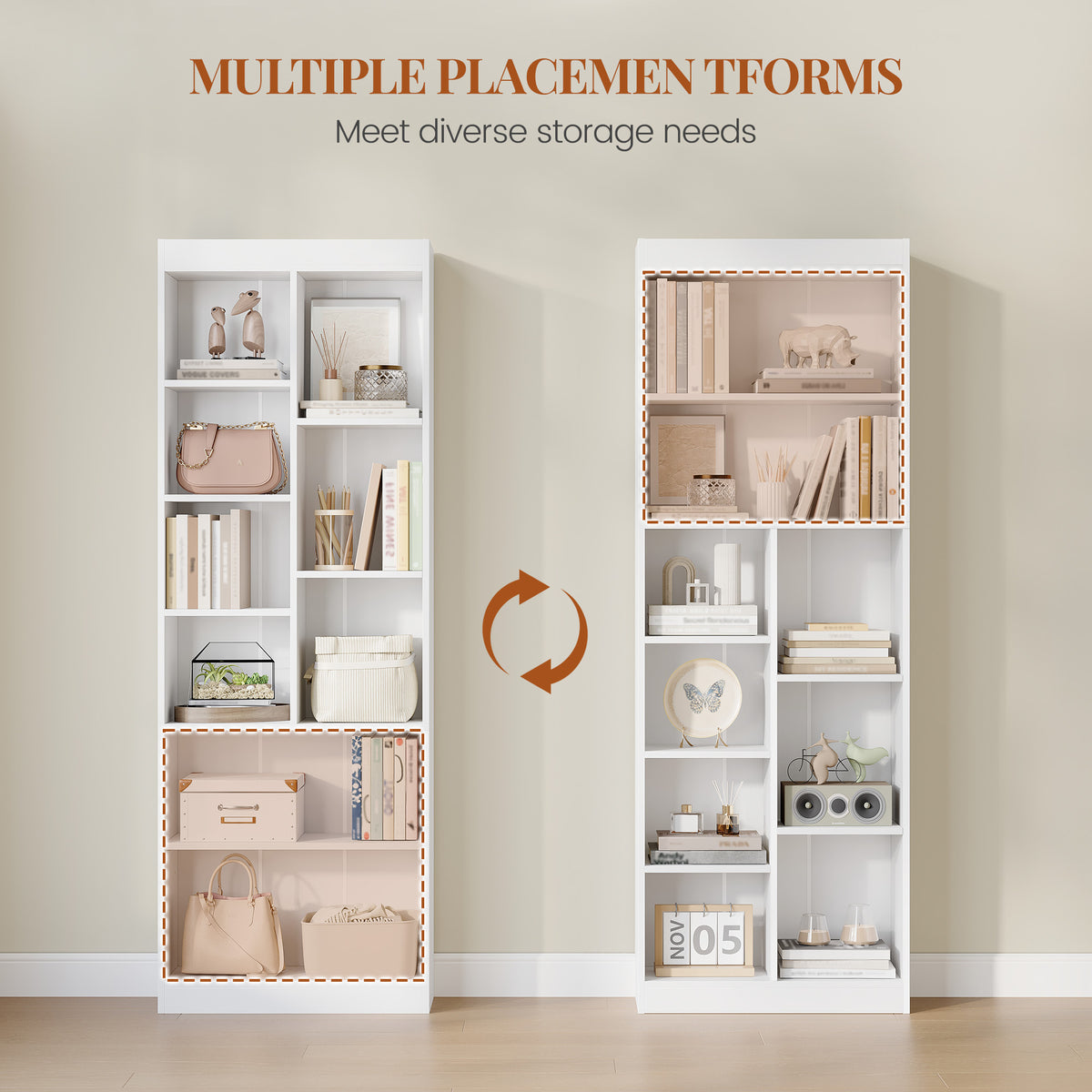 HEXCELEN Bookcase, 6-Tier Bookcase, Standing Shelf with 9 Compartments, Storage Shelf, Adjustable Panels, for Study, Bedroom, Living Room, White, 24 x 60 x 172.5 cm, 666103X
