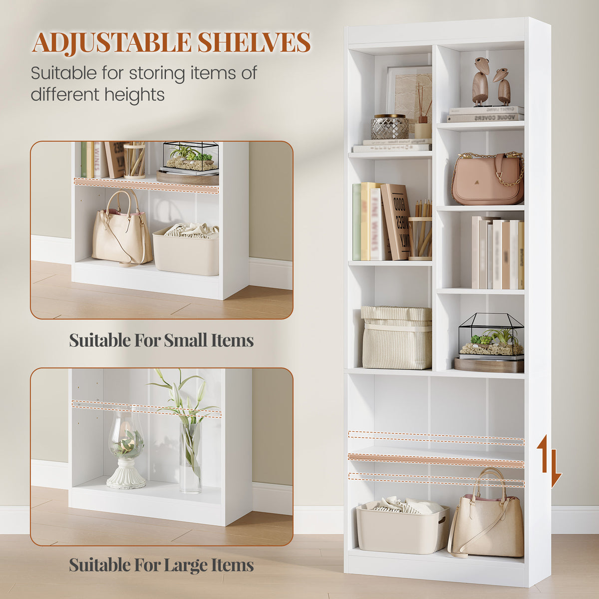 HEXCELEN Bookcase, 6-Tier Bookcase, Standing Shelf with 9 Compartments, Storage Shelf, Adjustable Panels, for Study, Bedroom, Living Room, White, 24 x 60 x 172.5 cm, 666103X