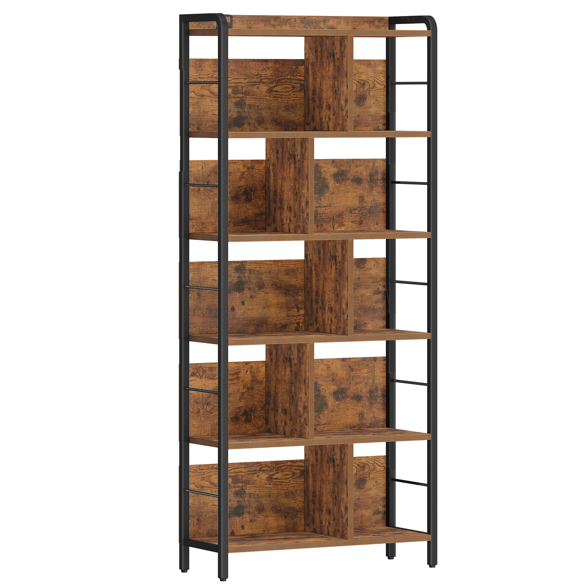 HEXCELEN Bookcase 6 Tiers, Standing Shelf with Metal Frame, Bookcase Industry, Freestanding Shelf, Open Shelves for Study, Office, Living Room, Vintage Brown/Black, 30 x 80 x 186 cm, 668101B