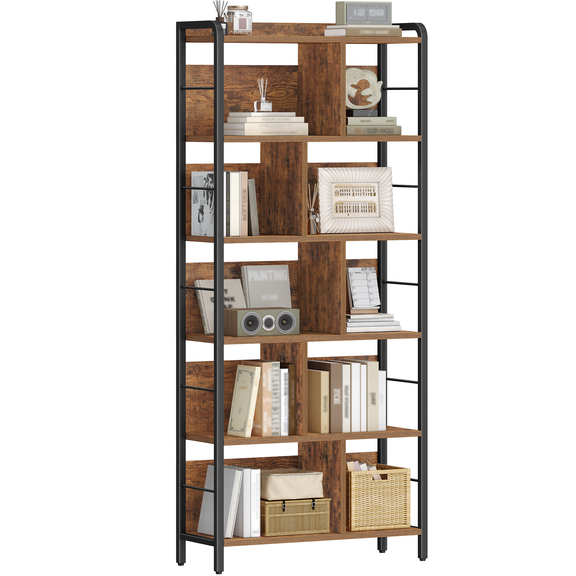 HEXCELEN Bookcase 6 Tiers, Standing Shelf with Metal Frame, Bookcase Industry, Freestanding Shelf, Open Shelves for Study, Office, Living Room, Vintage Brown/Black, 30 x 80 x 186 cm, 668101B