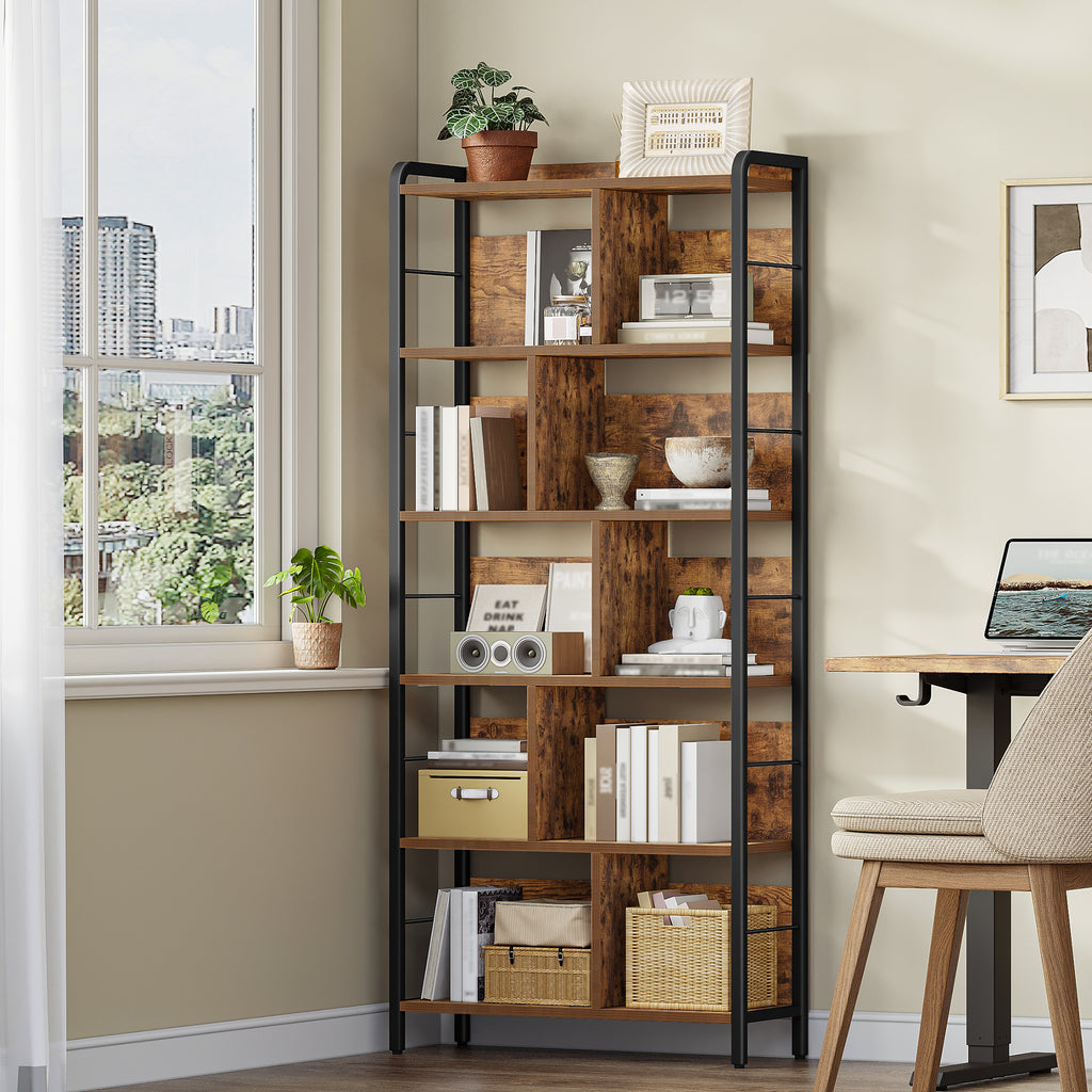 HEXCELEN Bookcase 6 Tiers, Standing Shelf with Metal Frame, Bookcase Industry, Freestanding Shelf, Open Shelves for Study, Office, Living Room, Vintage Brown/Black, 30 x 80 x 186 cm, 668101B