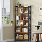 HEXCELEN Bookcase 6 Tiers, Standing Shelf with Metal Frame, Bookcase Industry, Freestanding Shelf, Open Shelves for Study, Office, Living Room, Vintage Brown/Black, 30 x 80 x 186 cm, 668101B