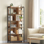 HEXCELEN Bookcase 6 Tiers, Standing Shelf with Metal Frame, Bookcase Industry, Freestanding Shelf, Open Shelves for Study, Office, Living Room, Vintage Brown/Black, 30 x 80 x 186 cm, 668101B