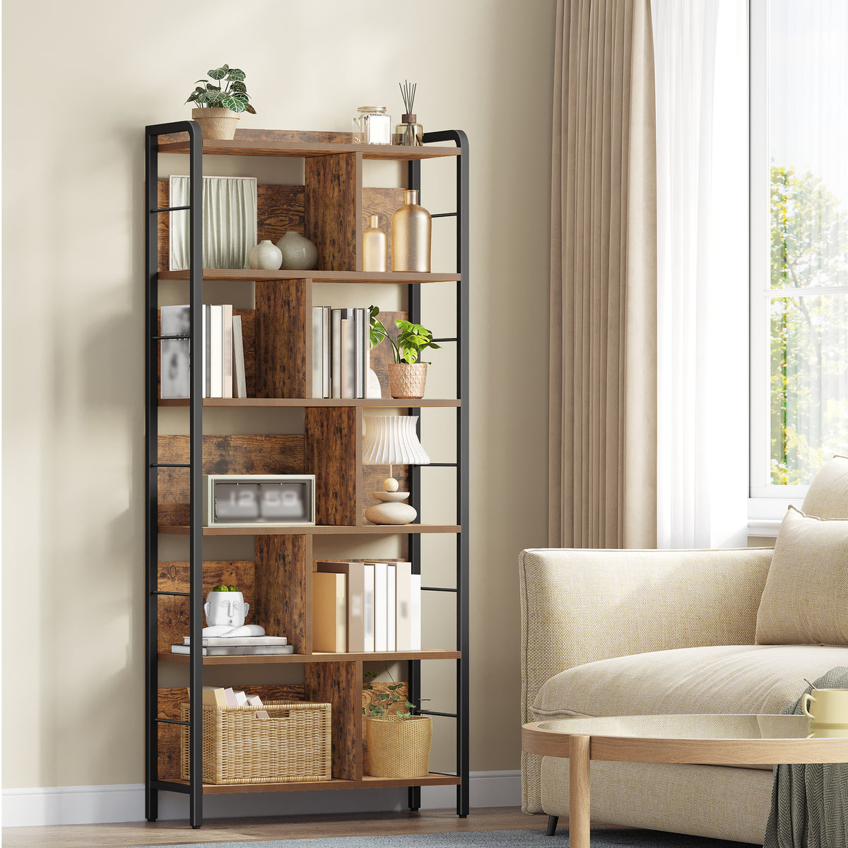 HEXCELEN Bookcase 6 Tiers, Standing Shelf with Metal Frame, Bookcase Industry, Freestanding Shelf, Open Shelves for Study, Office, Living Room, Vintage Brown/Black, 30 x 80 x 186 cm, 668101B
