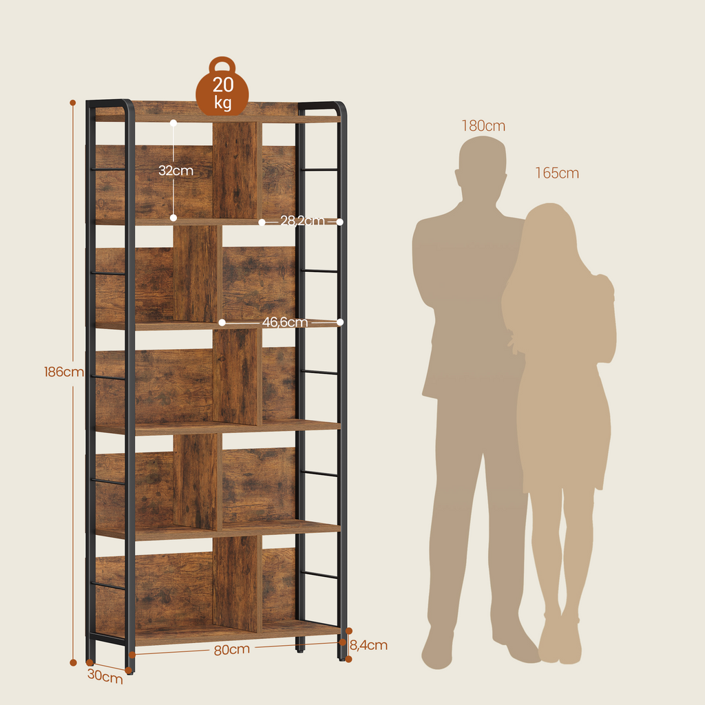 HEXCELEN Bookcase 6 Tiers, Standing Shelf with Metal Frame, Bookcase Industry, Freestanding Shelf, Open Shelves for Study, Office, Living Room, Vintage Brown/Black, 30 x 80 x 186 cm, 668101B