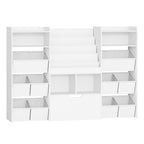 HEXCELEN Children's Shelf with Newspaper Rack, Bookcase Children with Boxes on Wheels, Children with 10 Fabric Drawers, Toy Shelf for Children's Room, Living Room, Bedroom, 30 x 140 x 100 cm, White