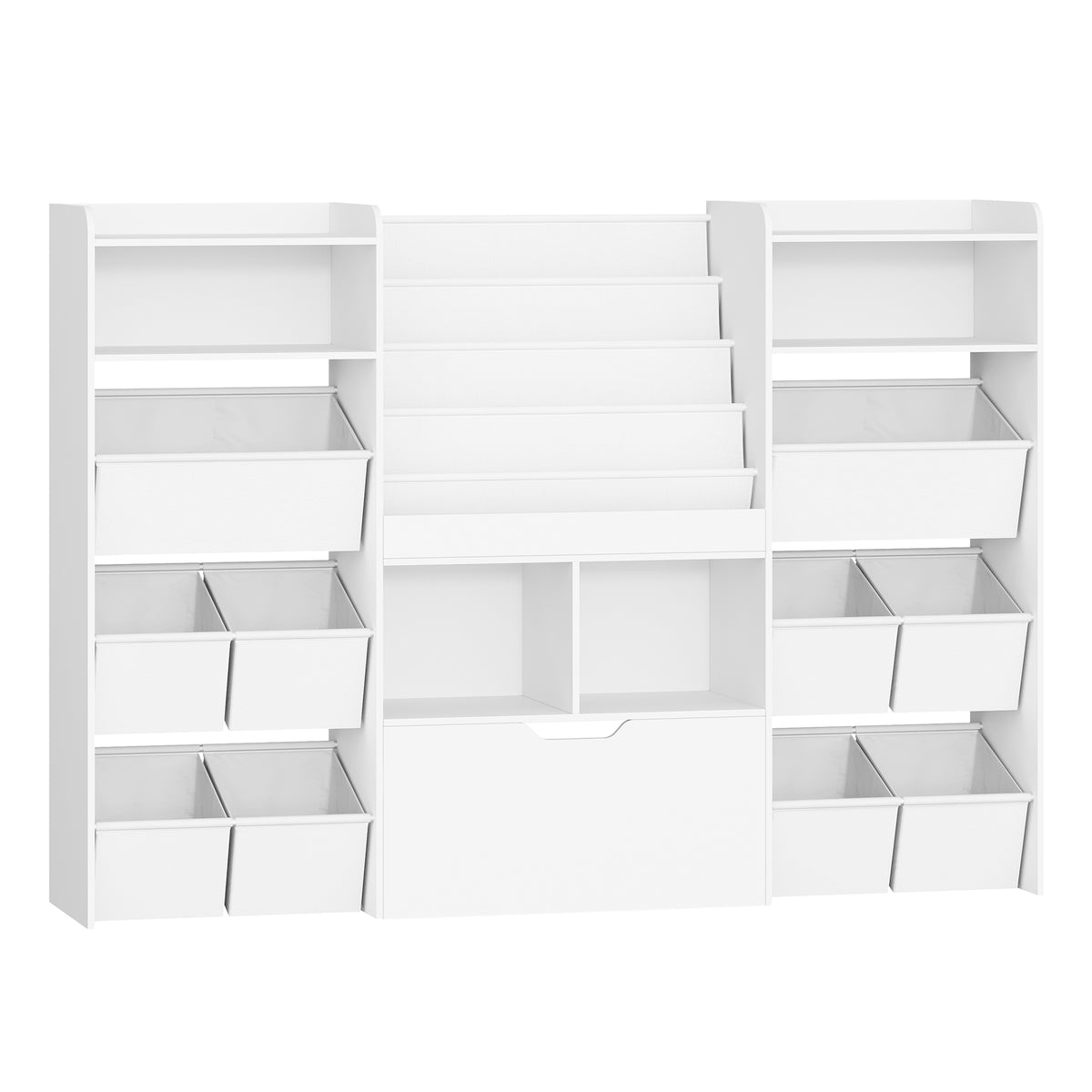 HEXCELEN Children's Shelf with Newspaper Rack, Bookcase Children with Boxes on Wheels, Children with 10 Fabric Drawers, Toy Shelf for Children's Room, Living Room, Bedroom, 30 x 140 x 100 cm, White
