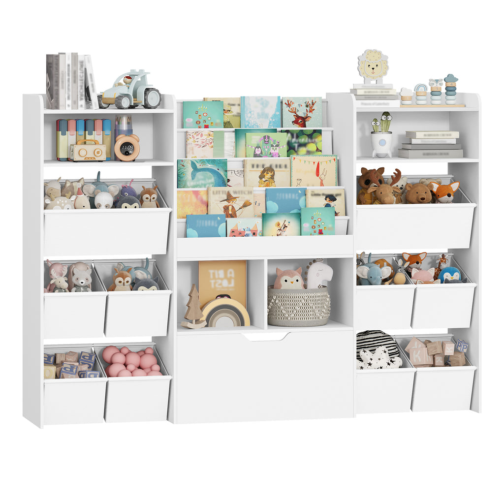 HEXCELEN Children's Shelf with Newspaper Rack, Bookcase Children with Boxes on Wheels, Children with 10 Fabric Drawers, Toy Shelf for Children's Room, Living Room, Bedroom, 30 x 140 x 100 cm, White