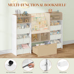 HEXCELEN Children's Shelf with Newspaper Rack, Bookcase Children with Boxes on Wheels, Children with 10 Fabric Drawers, Toy Shelf for Children's Room, Living Room, Bedroom, 30 x 140 x 100 cm, White