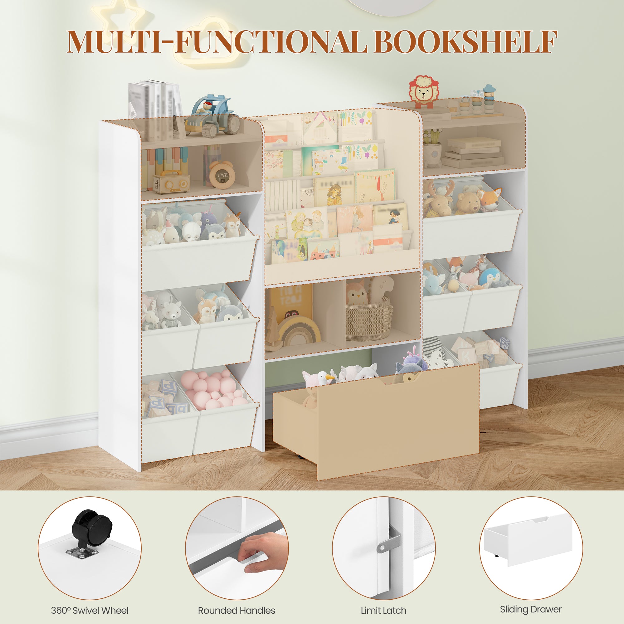 HEXCELEN Children's Shelf with Newspaper Rack, Bookcase Children with Boxes on Wheels, Children with 10 Fabric Drawers, Toy Shelf for Children's Room, Living Room, Bedroom, 30 x 140 x 100 cm, White