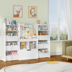 HEXCELEN Children's Shelf with Newspaper Rack, Bookcase Children with Boxes on Wheels, Children with 10 Fabric Drawers, Toy Shelf for Children's Room, Living Room, Bedroom, 30 x 140 x 100 cm, White