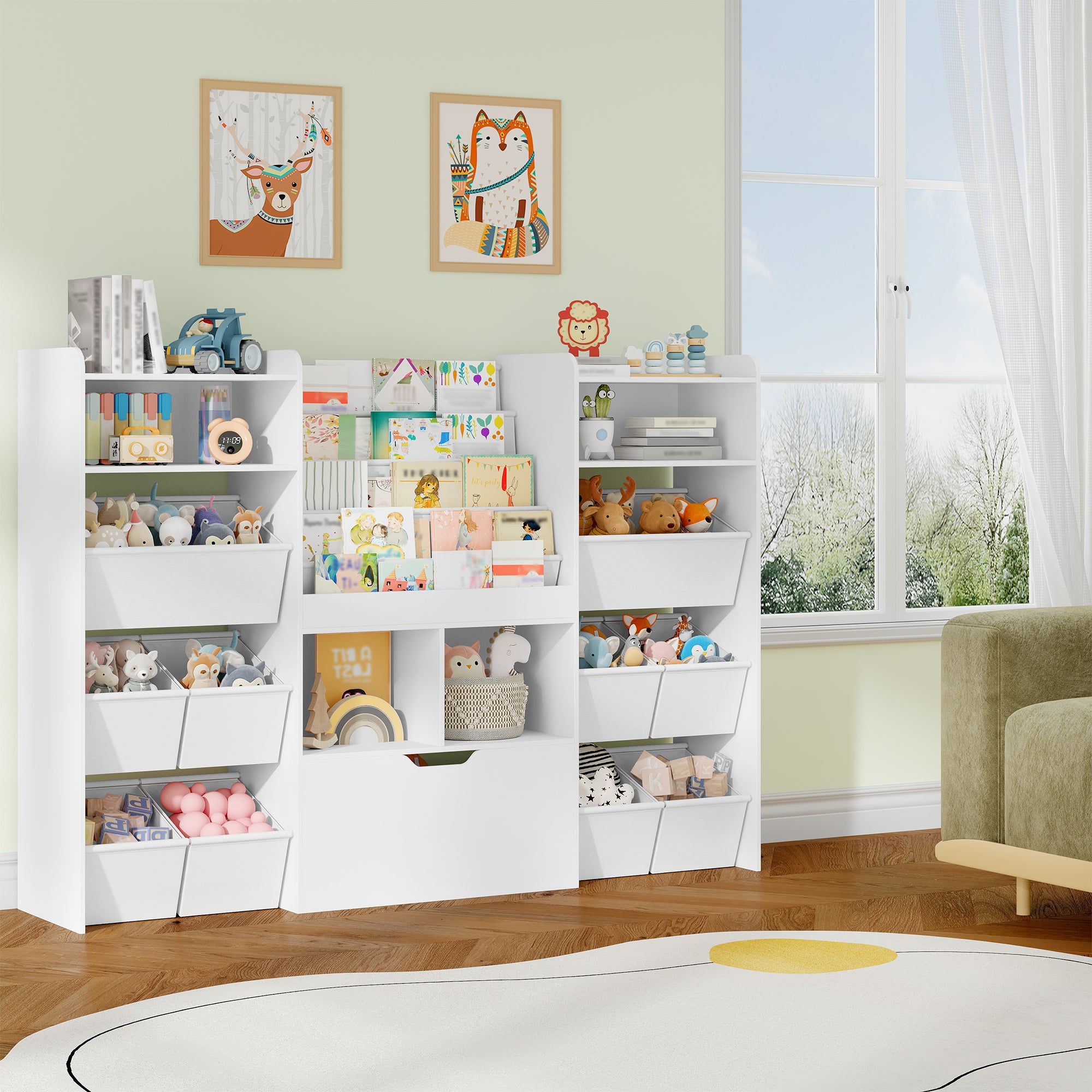 HEXCELEN Children's Shelf with Newspaper Rack, Bookcase Children with Boxes on Wheels, Children with 10 Fabric Drawers, Toy Shelf for Children's Room, Living Room, Bedroom, 30 x 140 x 100 cm, White