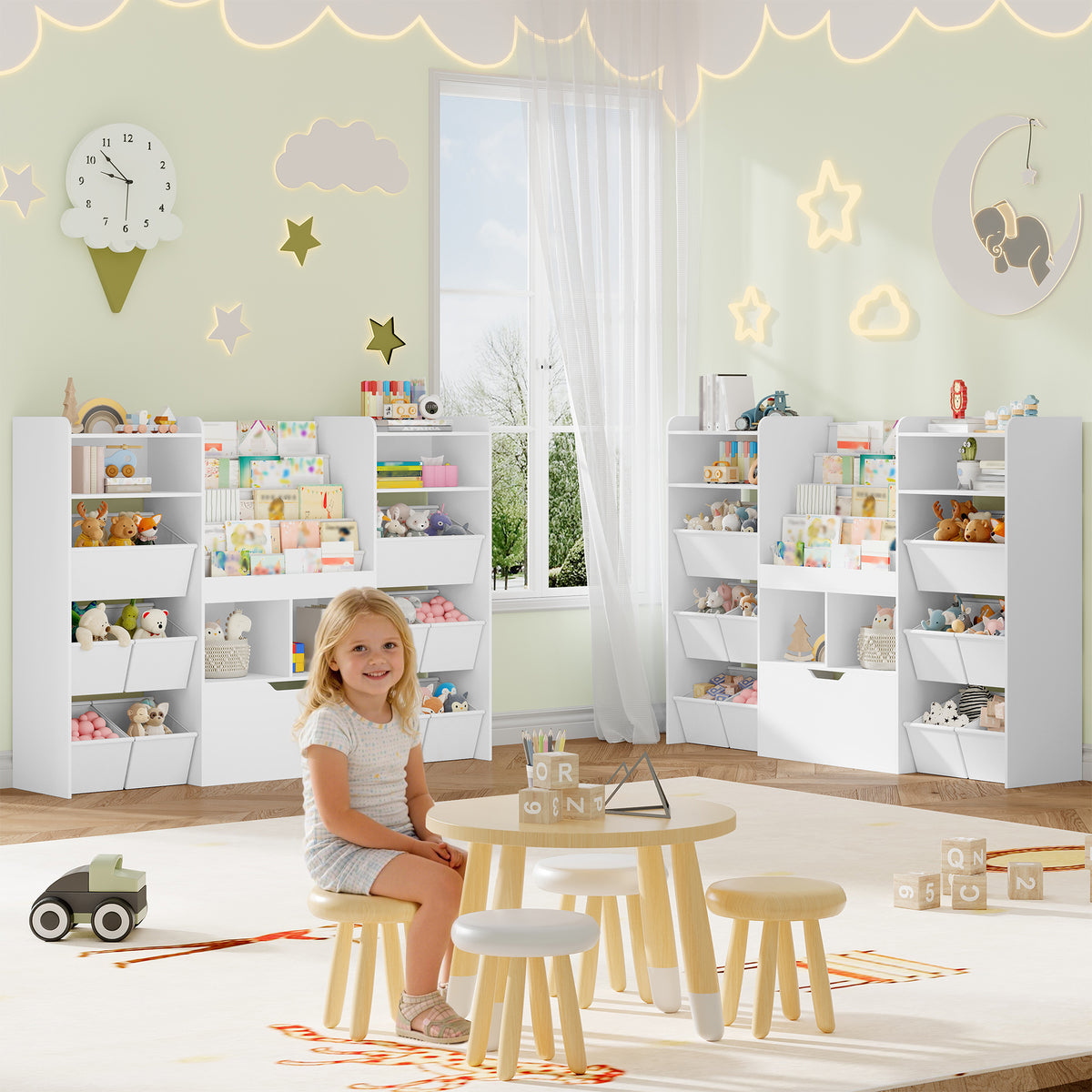 HEXCELEN Children's Shelf with Newspaper Rack, Bookcase Children with Boxes on Wheels, Children with 10 Fabric Drawers, Toy Shelf for Children's Room, Living Room, Bedroom, 30 x 140 x 100 cm, White