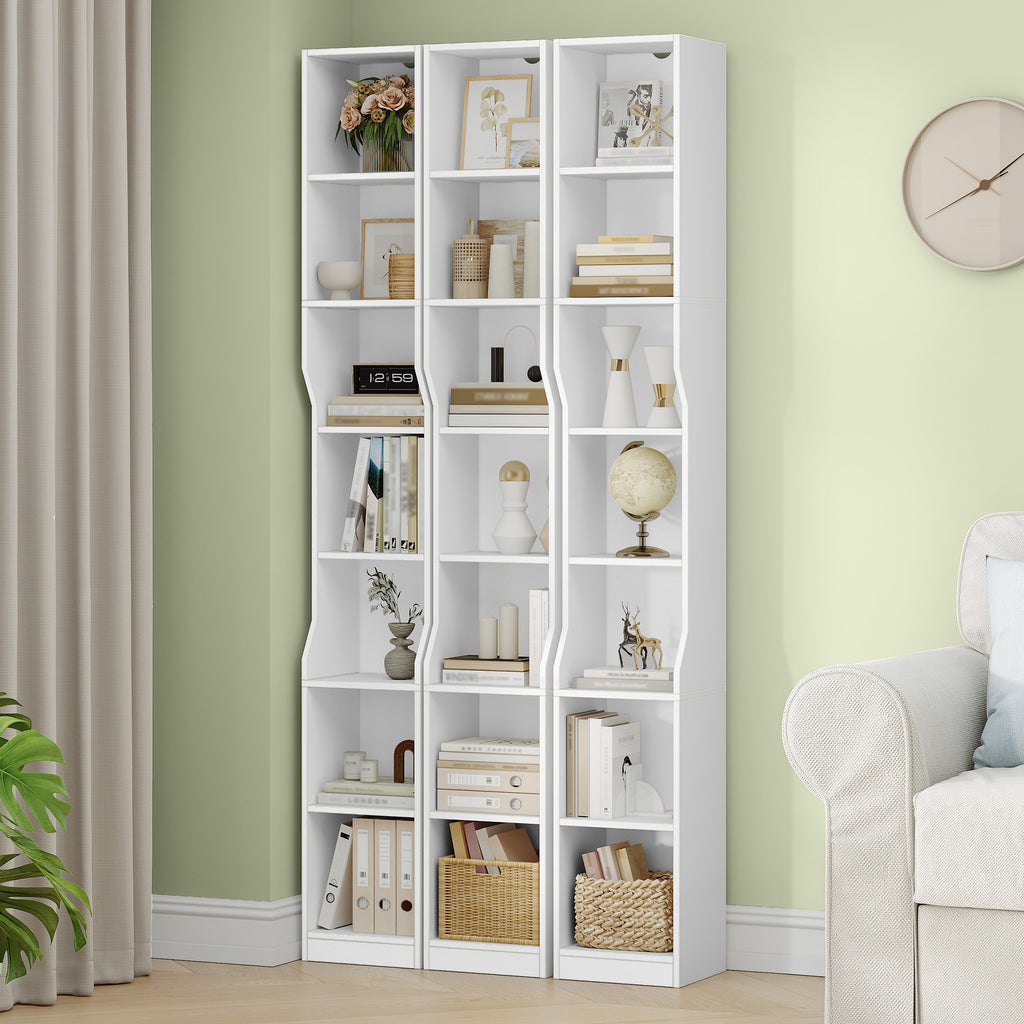 HEXCELEN Bookcase, 7 Tier Vertical Bookcase, Slim Shelf, Standing Shelf, Cube Shelf, Storage Shelf, for Office, Living Room, Bedroom, 28 × 30 × 208.1 cm, Modern Style, White