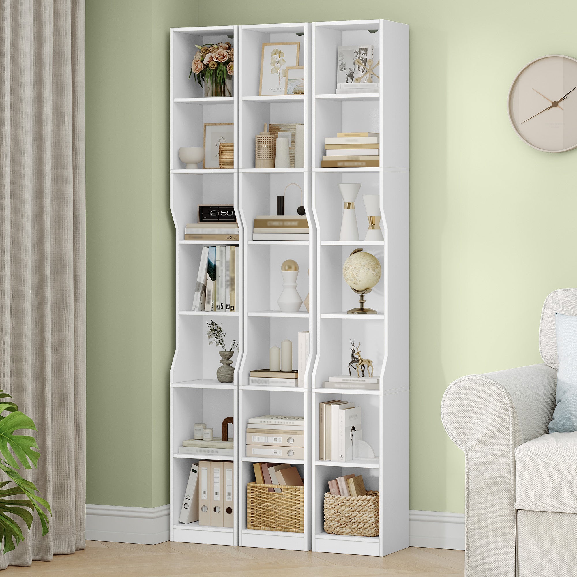HEXCELEN Bookcase, 7 Tier Vertical Bookcase, Slim Shelf, Standing Shelf, Cube Shelf, Storage Shelf, for Office, Living Room, Bedroom, 28 × 30 × 208.1 cm, Modern Style, White