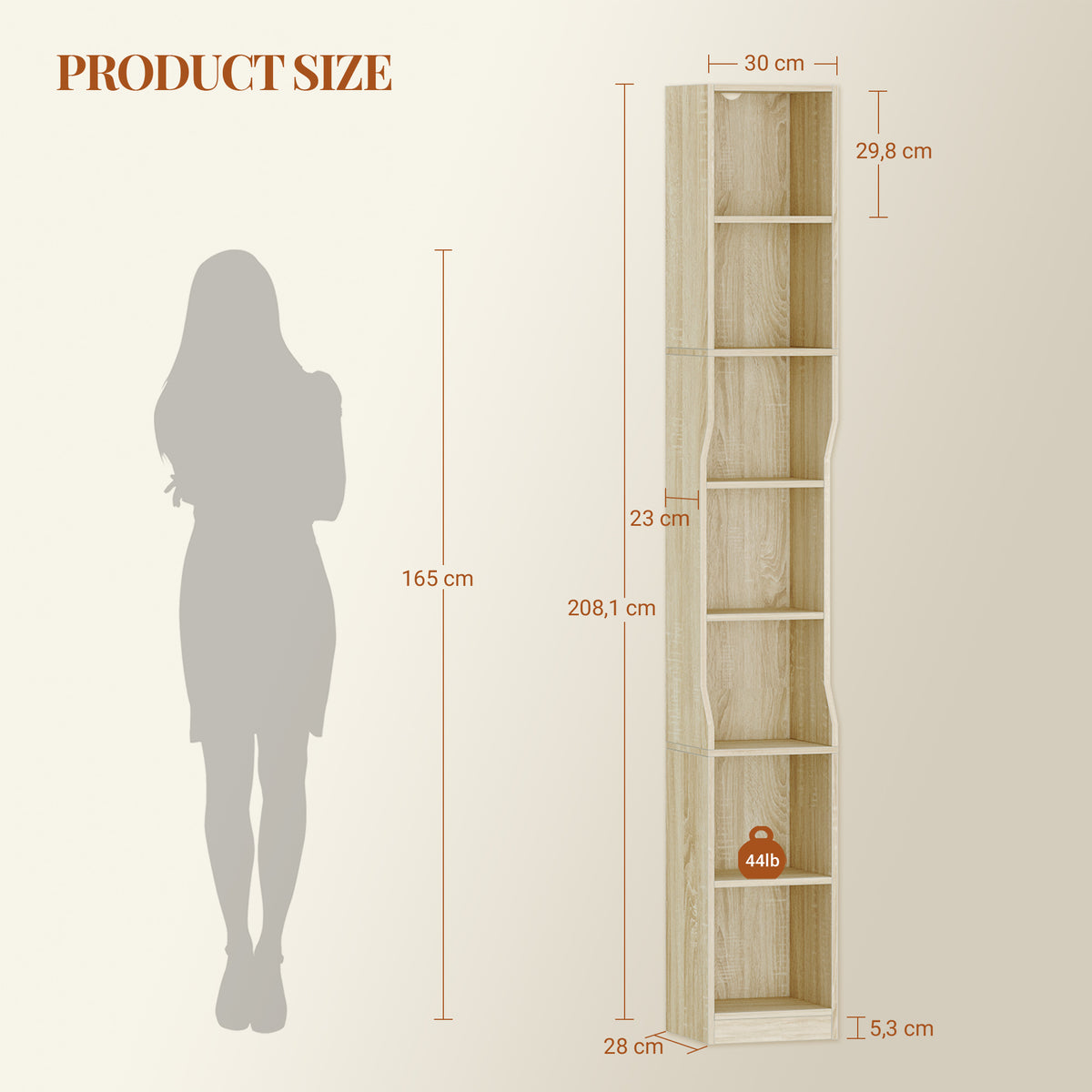 HEXCELEN Bookcase, 7 Tiers Vertical Bookcase, Narrow Shelf, Stand Shelf, Cube Shelf, Storage Shelf, for Office, Living Room, Bedroom, 28 × 30 × 208.1 cm, Modern Style, Oak Beige