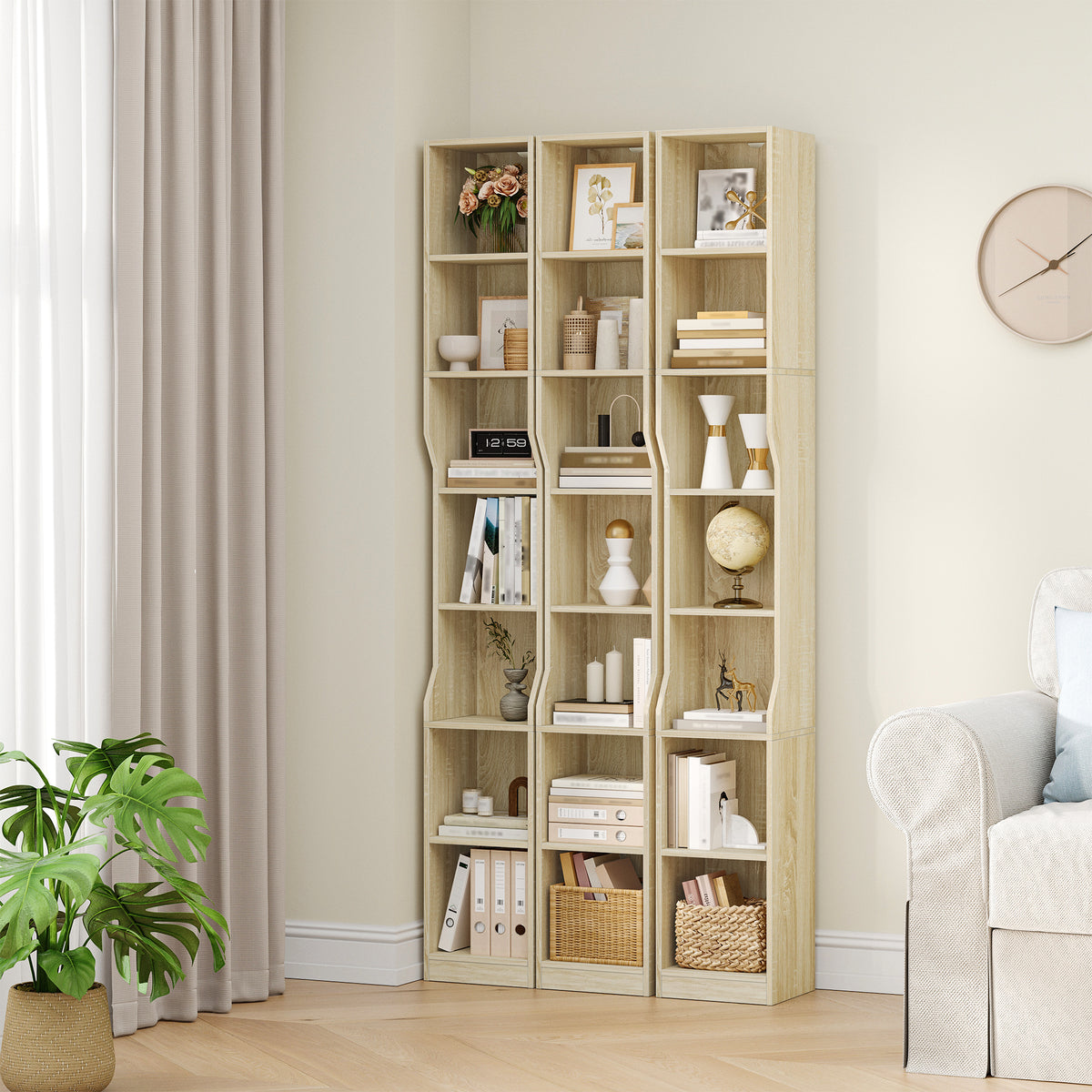 HEXCELEN Bookcase, 7 Tiers Vertical Bookcase, Narrow Shelf, Stand Shelf, Cube Shelf, Storage Shelf, for Office, Living Room, Bedroom, 28 × 30 × 208.1 cm, Modern Style, Oak Beige