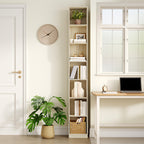 HEXCELEN Bookcase, 7 Tiers Vertical Bookcase, Narrow Shelf, Stand Shelf, Cube Shelf, Storage Shelf, for Office, Living Room, Bedroom, 28 × 30 × 208.1 cm, Modern Style, Oak Beige
