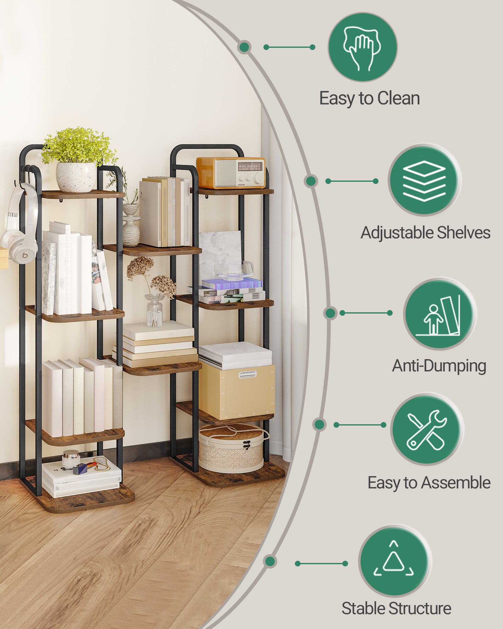 Hzuaneri Vertical Shoe Rack, 6-Tier Shoe Shelves, Wooden Shoe Organizer for Closet, Entryway, Rustic Brown and Black