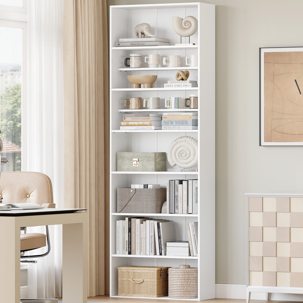 HEXCELEN Bookcase, 7-Tier Bookcase, Standing Shelf, Storage Shelf, Adjustable Panels, for Study, Bedroom, Living Room, White, 24 x 60 x 205 cm