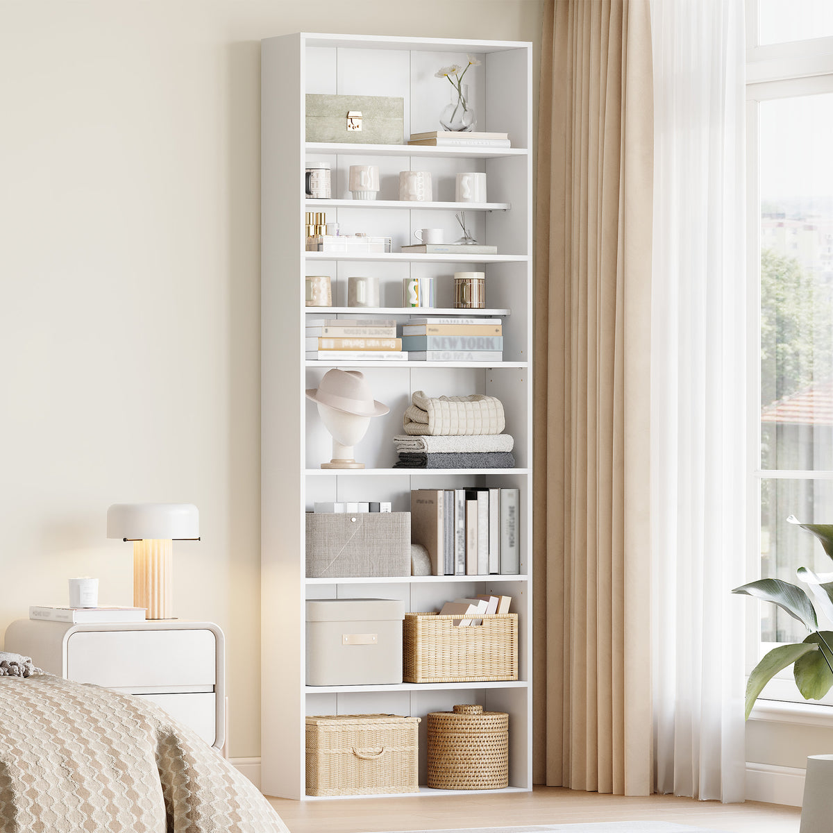HEXCELEN Bookcase, 7-Tier Bookcase, Standing Shelf, Storage Shelf, Adjustable Panels, for Study, Bedroom, Living Room, White, 24 x 60 x 205 cm