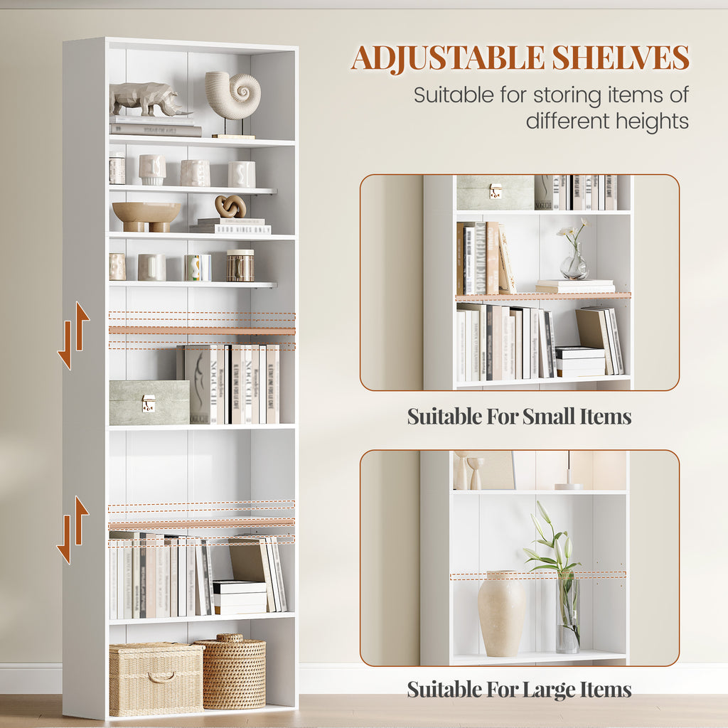 HEXCELEN Bookcase, 7-Tier Bookcase, Standing Shelf, Storage Shelf, Adjustable Panels, for Study, Bedroom, Living Room, White, 24 x 60 x 205 cm