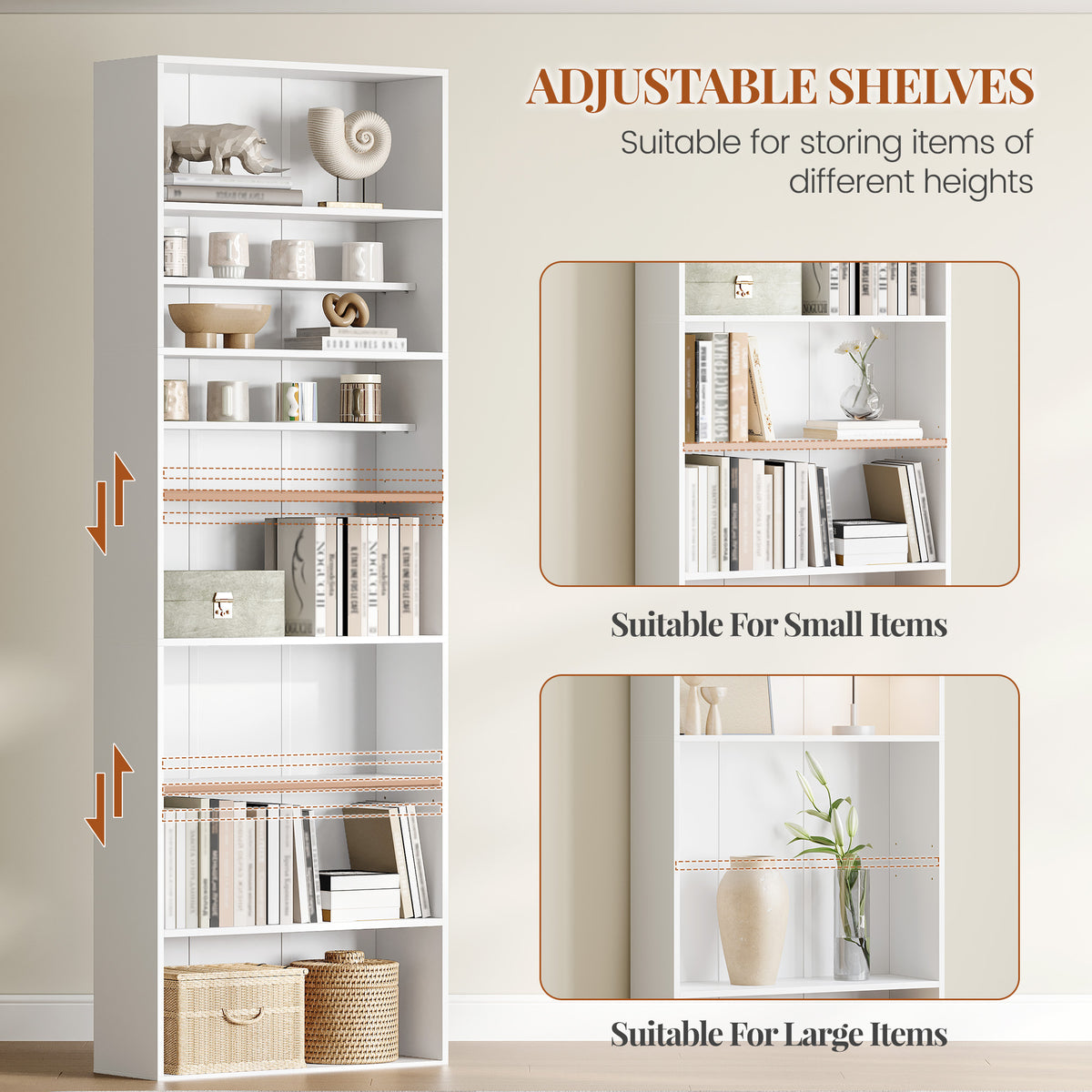 HEXCELEN Bookcase, 7-Tier Bookcase, Standing Shelf, Storage Shelf, Adjustable Panels, for Study, Bedroom, Living Room, White, 24 x 60 x 205 cm