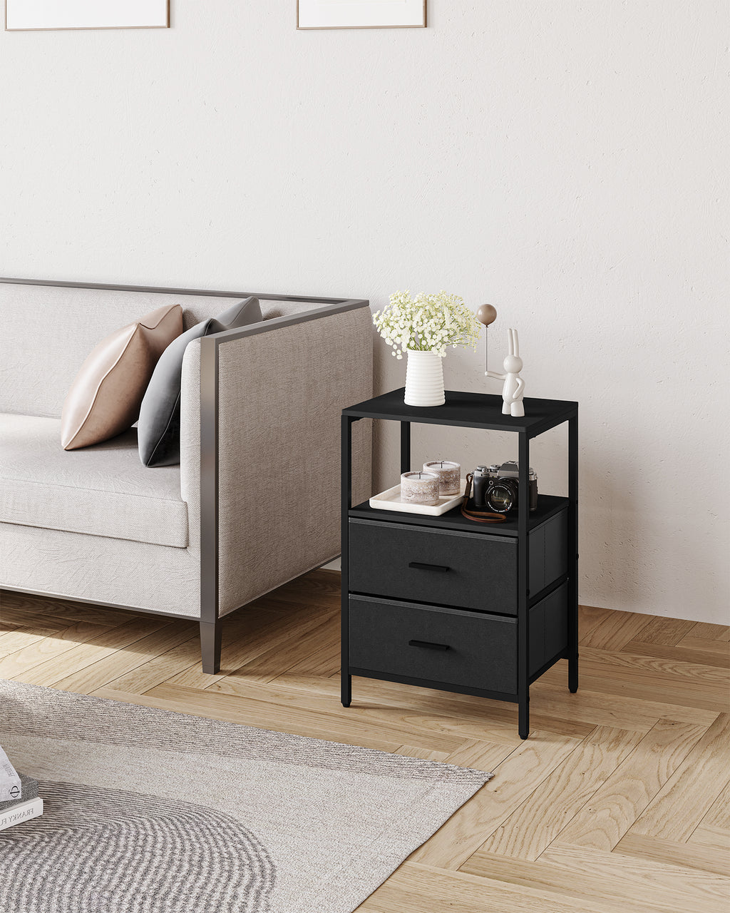HEXCELEN Bedside Table Set of 2 with 2 Fabric Drawers & Shelf, Nightstand for Bedroom and Living Room, Black