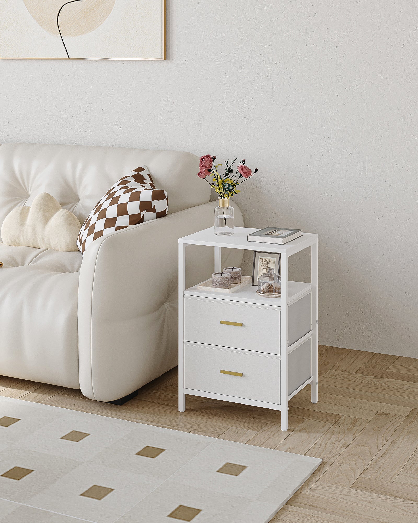 HEXCELEN Bedside Table Set of 2 with 2 Fabric Drawers & Shelf, Nightstand for Bedroom and Living Room, White