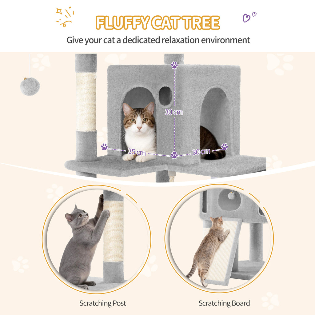 Hzuaneri Cat Tree for Indoor Cats, 174cm Cat Tower for Large Cats, 2 Platforms, 2 Caves, 4 Sisal Posts, Scratching Board, Cat Basket, Sisal Rope, Heavy-Duty for multiple cats, Light Grey MS17418LG