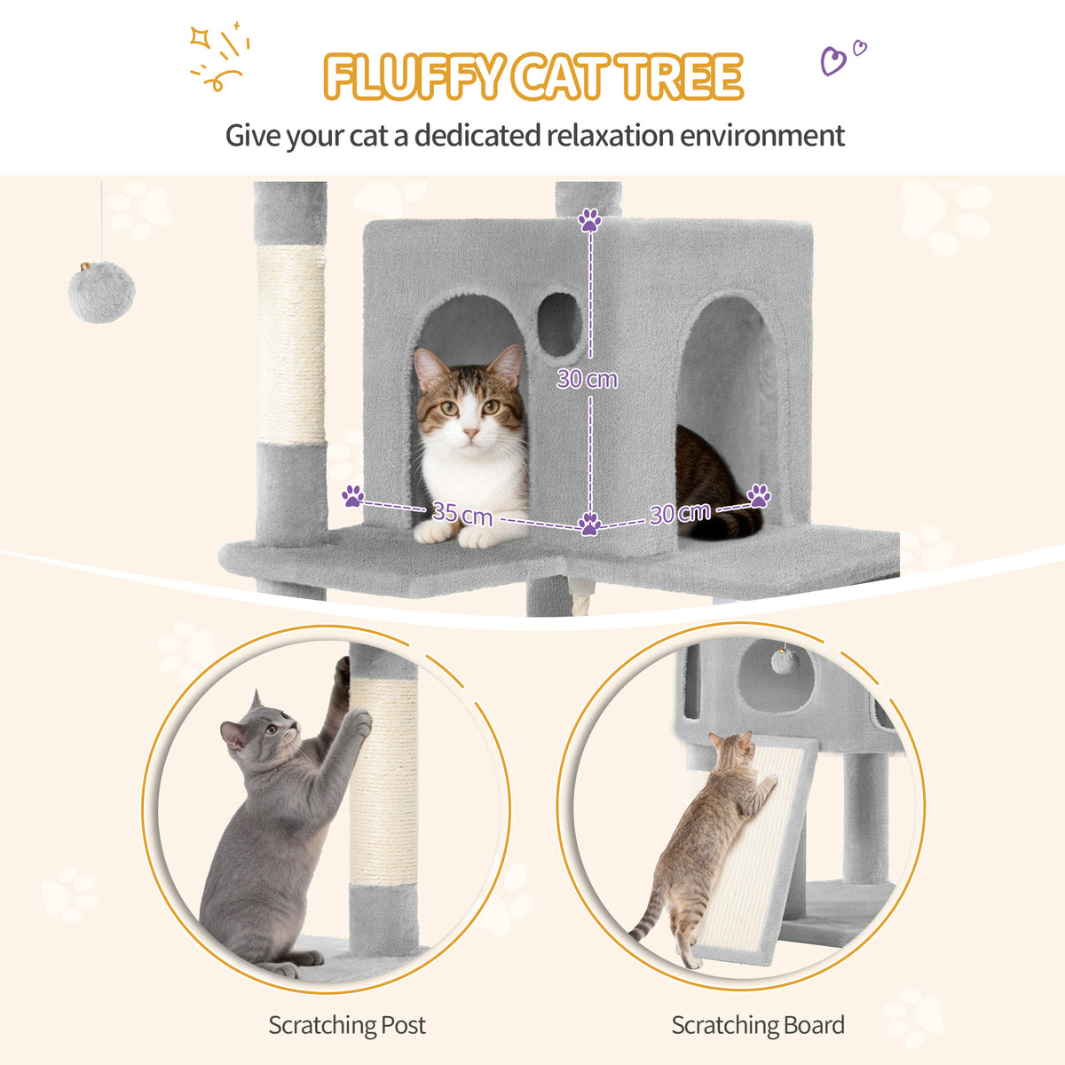 Hzuaneri Cat Tree for Indoor Cats, 174cm Cat Tower for Large Cats, 2 Platforms, 2 Caves, 4 Sisal Posts, Scratching Board, Cat Basket, Sisal Rope, Heavy-Duty for multiple cats, Light Grey MS17418LG