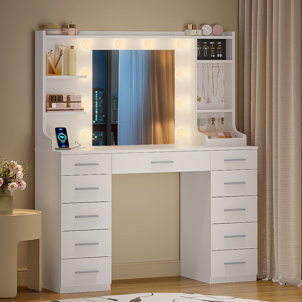 Hzuaneri Large Vanity Table with LED Lighting, Dressing Table with Mirror, Vanity Table with Power Outlets, 11 Drawers and 6 Jewelry Hooks, Suitable for Bedroom, Living Room, White DT43303X
