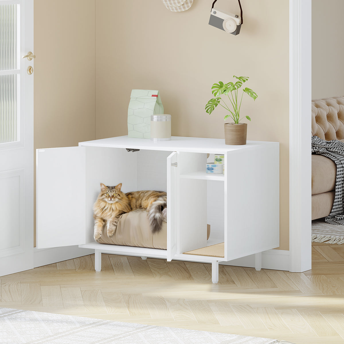 Hzuaneri Cat Litter Box Enclosure, Hidden Litter Box Furniture with Scratching Mat, Wooden Pet House Side End Table, Tall Legs, Double Doors, 80 x 50 x 61 cm, White CB01513W