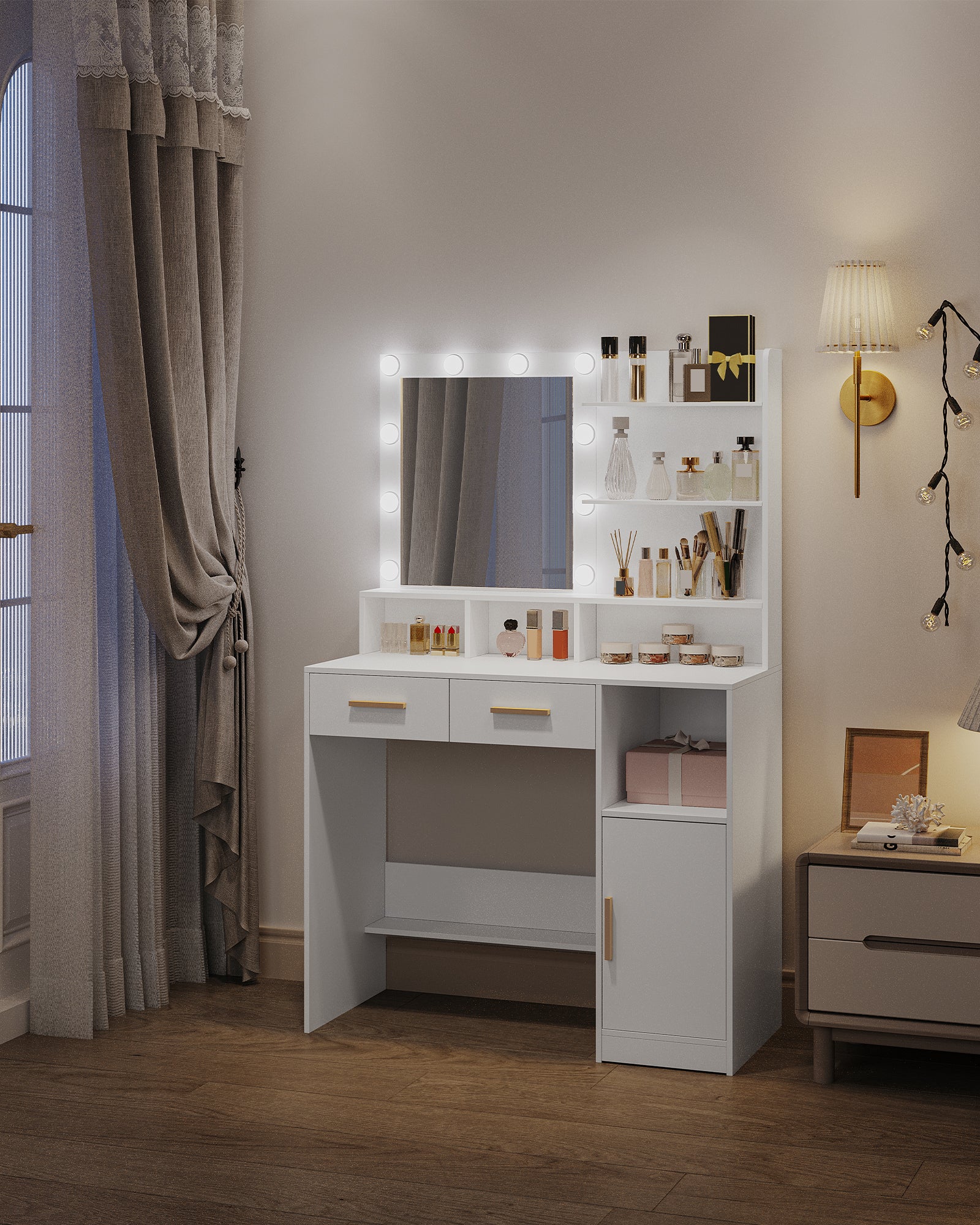 HEXCELEN Dressing Table with LED Lights Mirror, Adjustable Brightness, 2 Drawers & Cabinet, White