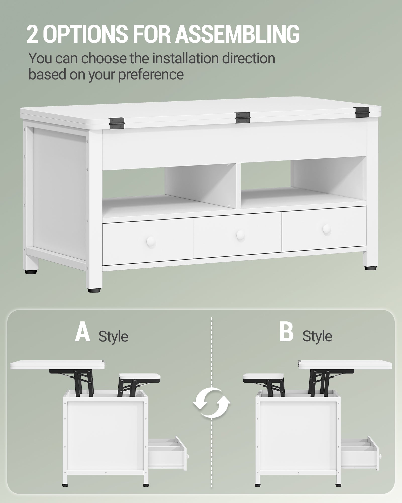 Hzuaneri Coffee Table, Height-Adjustable Living Room Table with 3 Drawers and 2 Compartments, 50 × 100 × 47 cm, Convertible Coffee Table with Drawer into Dining Table, for Living Room, Home Office, White CT22203W