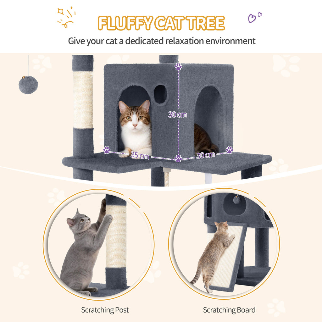 Hzuaneri Cat Tree for Indoor Cats, 174cm Cat Tower for Large Cats, 2 Platforms, 2 Caves, 4 Sisal Posts, Scratching Board, Cat Basket, Sisal Rope, Heavy-Duty for multiple cats, Dark Grey MS17418SG