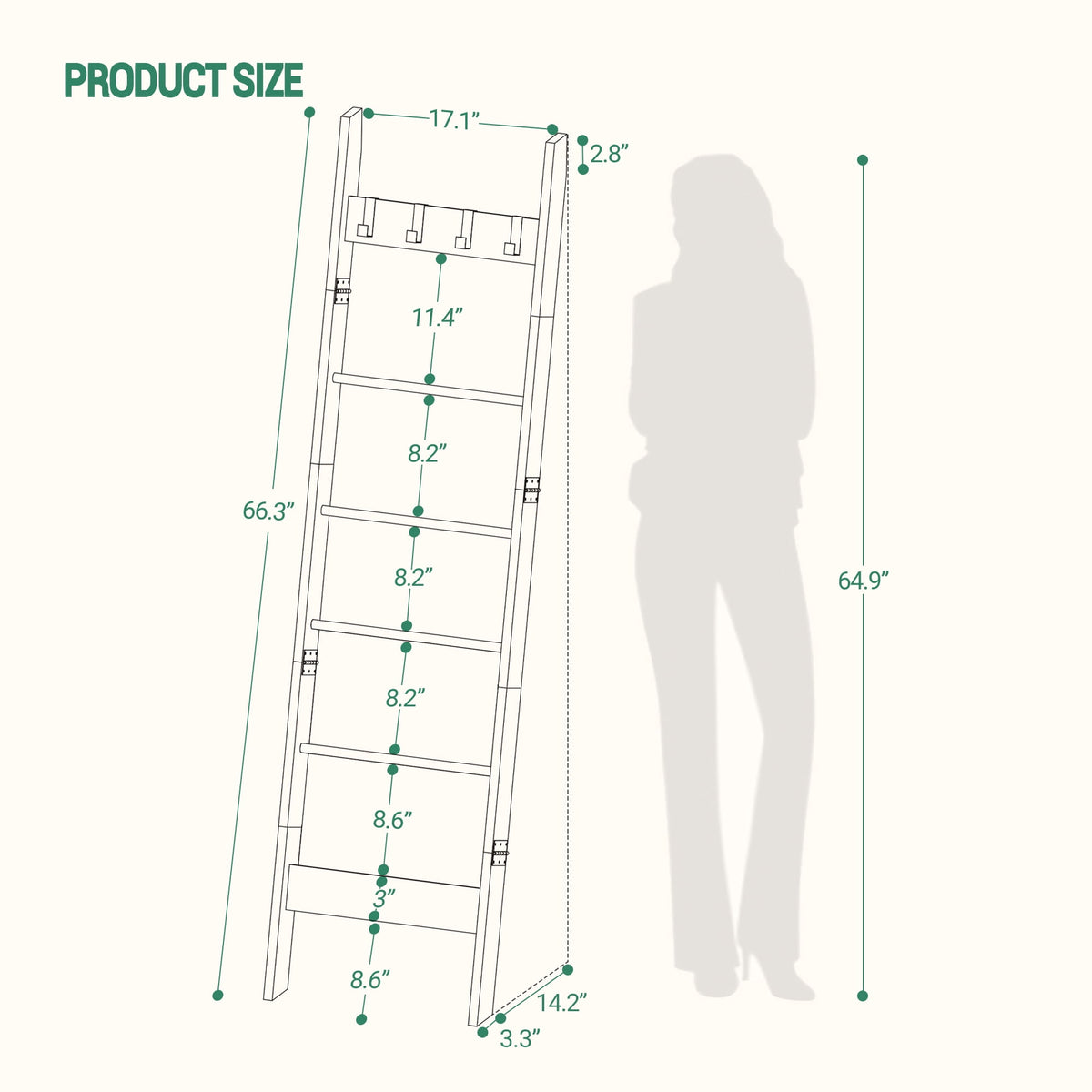 Hzuaneri 6-Tier Blanket Ladder with Hooks, 5.6Ft Wall Leaning Blanket Ladder, 4 Removable Hooks for Living Room, Bedroom Bathroom, Decorative Quilt Rack Easy to Assemble, Rustic Brown