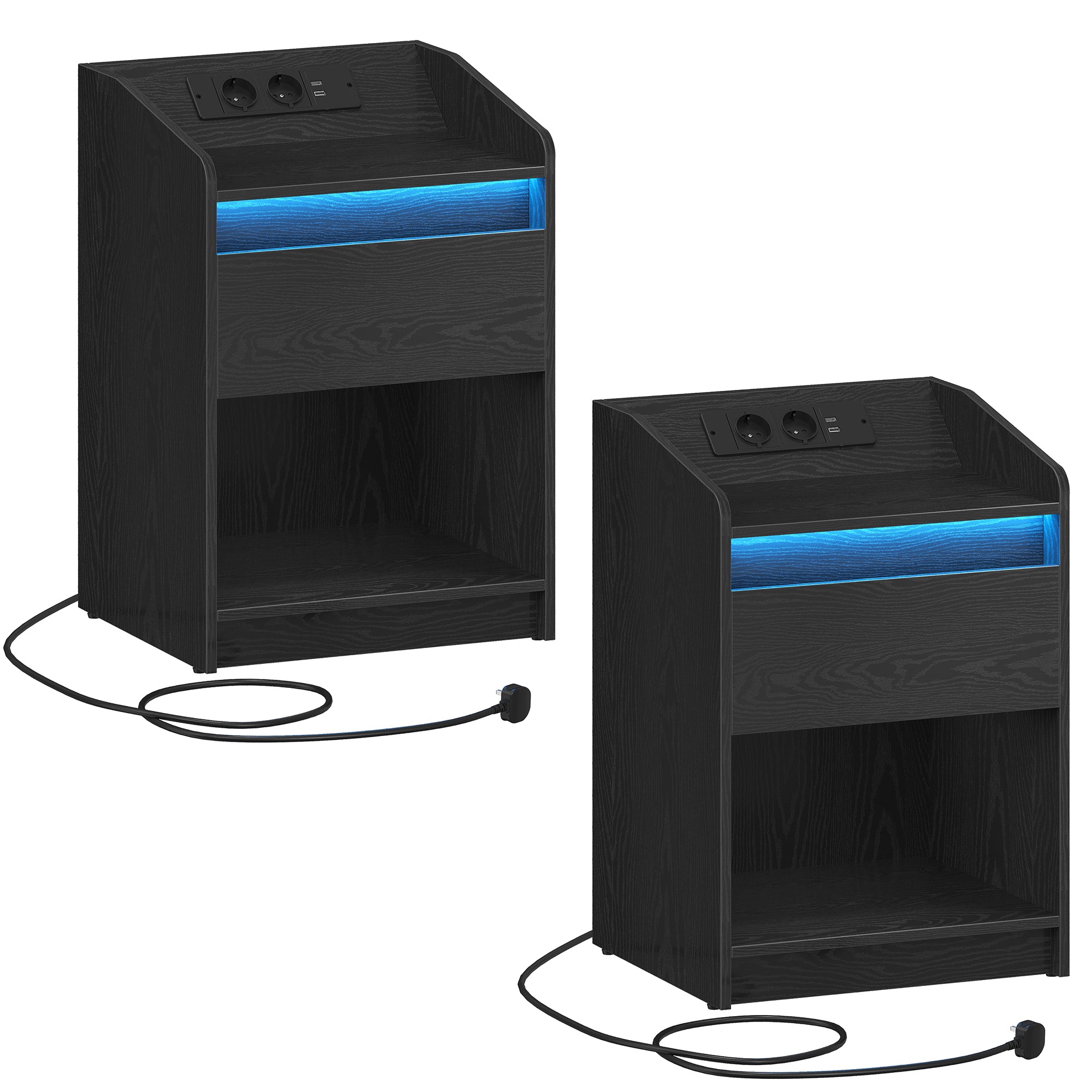 Hzuaneri Bedside Table with LED Light & Charging Station, 2 USB Ports & Outlets, Storage Drawer