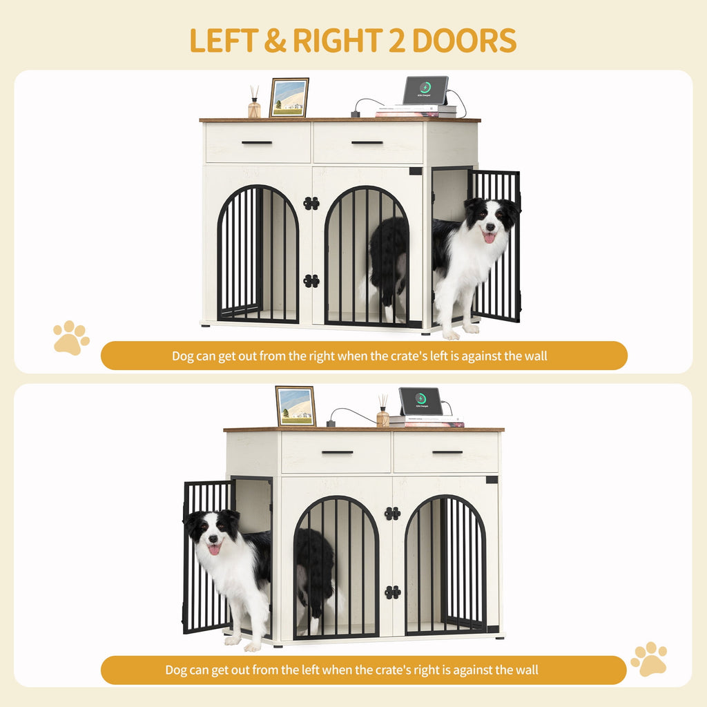 Hzuaneri 43.3'' Dog Crate Furniture for Large Dog, Indoor Dog Kennel with 2 Storage Drawers, Charging Station, Wooden Dog Cage End Table Kennel, White Brown