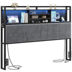 King Size Headboard with 3-tier Storage Shelves, Soft Velvet Upholstery, 2 Power Outlets, USB Ports & LED Lights, Comfy Backrest, Black