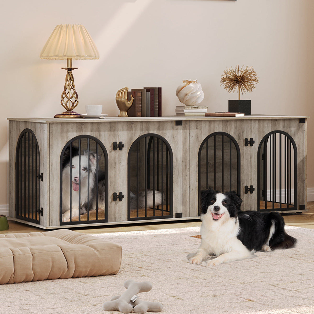 Hzuaneri 71" Dog Crate Furniture for 2 Dogs, Heavy Duty Wooden Kennel for Medium Large Dogs with Divider